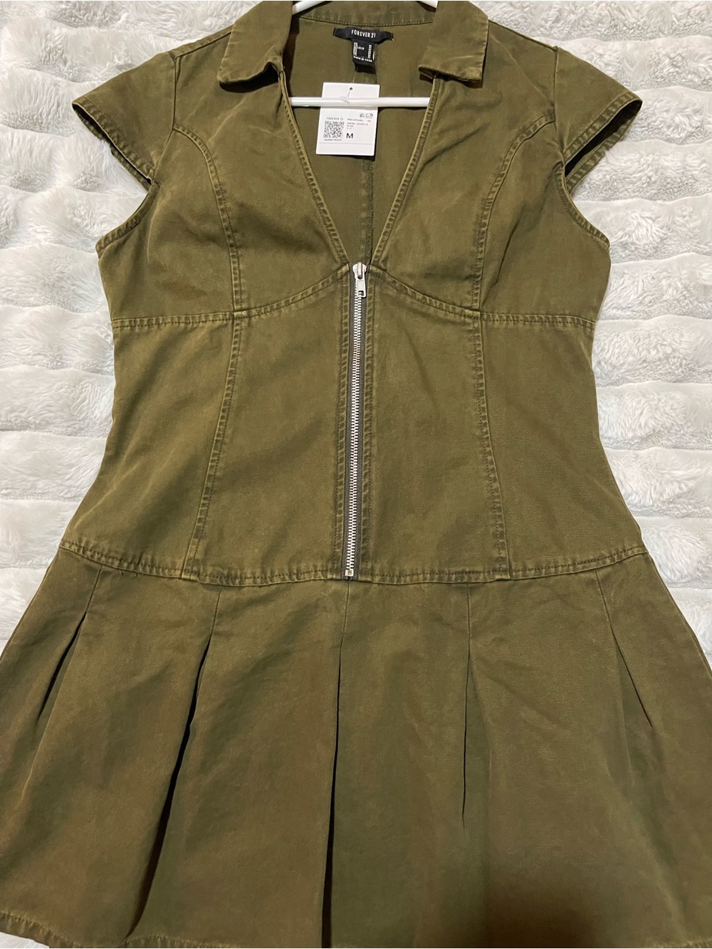 Forever 21 Olive Zip-Front Pleated Casual Dress